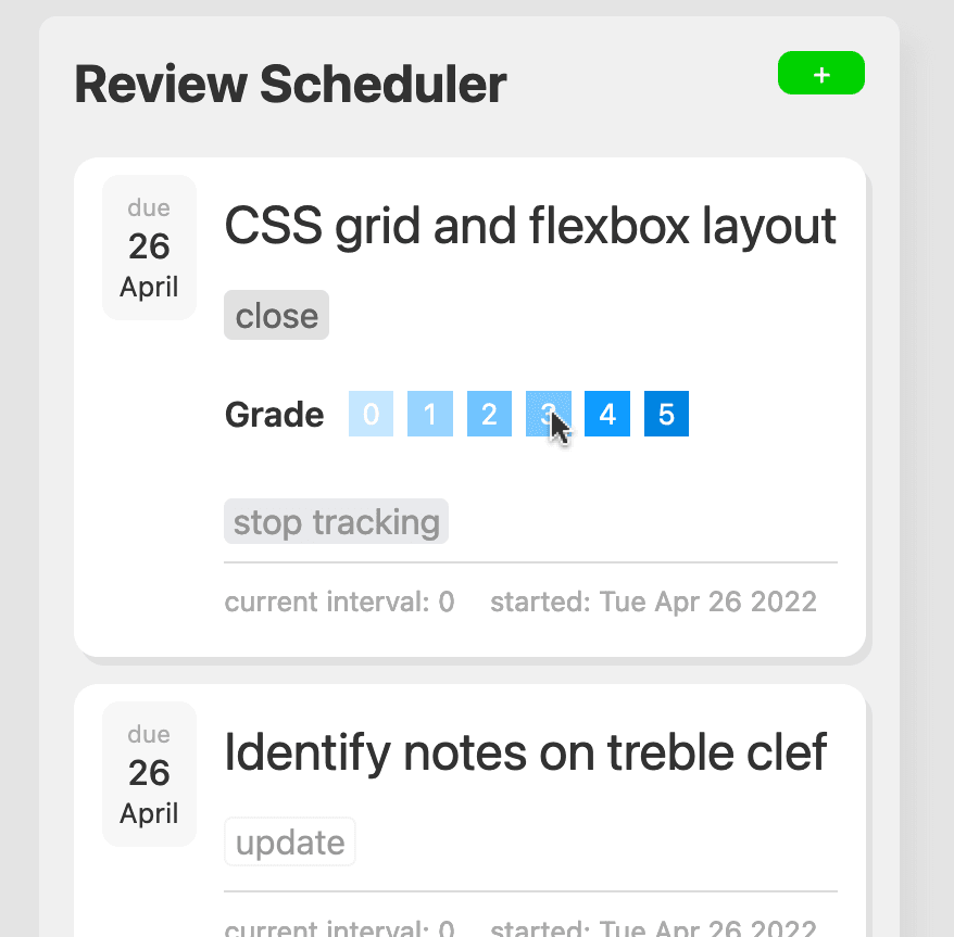 Screen shot of user reporting review session grade